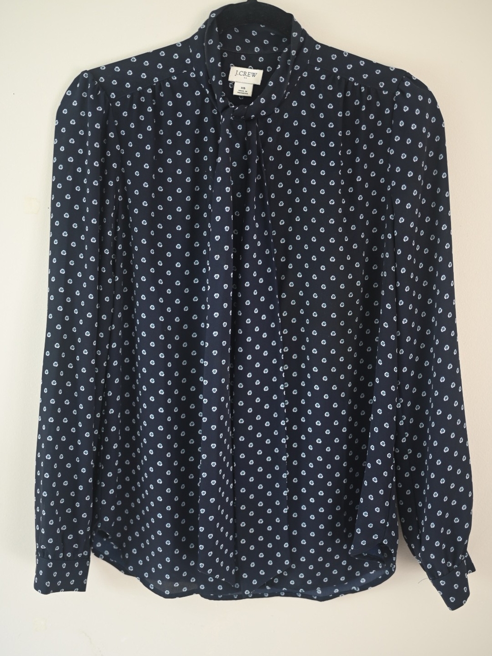 J. Crew Navy Dot Tie-Neck Blouse